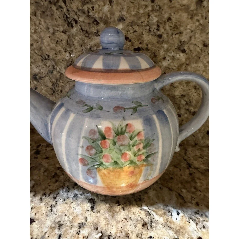 Vintage Pat Wade Design 1993 Hand Painted Ceramic Teapot Floral Philippines Lid